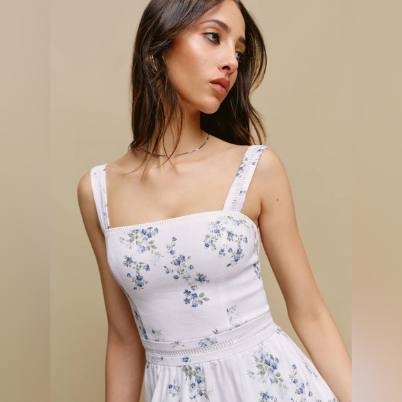 NEW Reformation Everett Mini Dress Truly White Blue Floral Linen | US 4 UK 8 - Picture 6 of 17